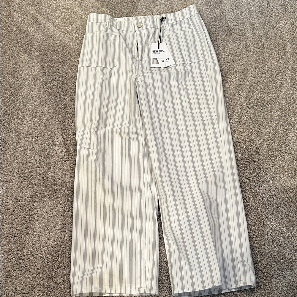 {OAT New York} "High Rise Baby Wide Ankle" Off White Gray Stripe cotton pants